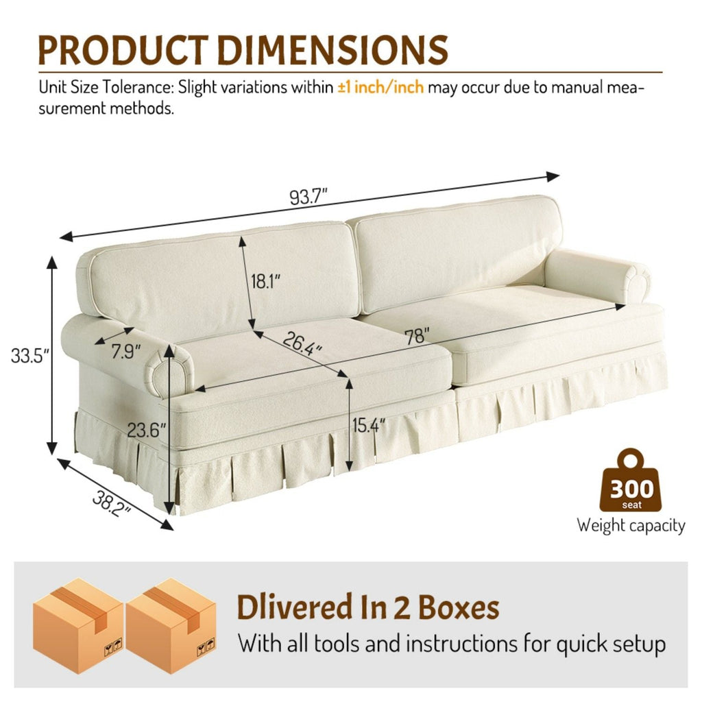 Cloud Couch Sofa with Rolled Arms and Pleated Skirt - Beige, Blue, or Light Brown