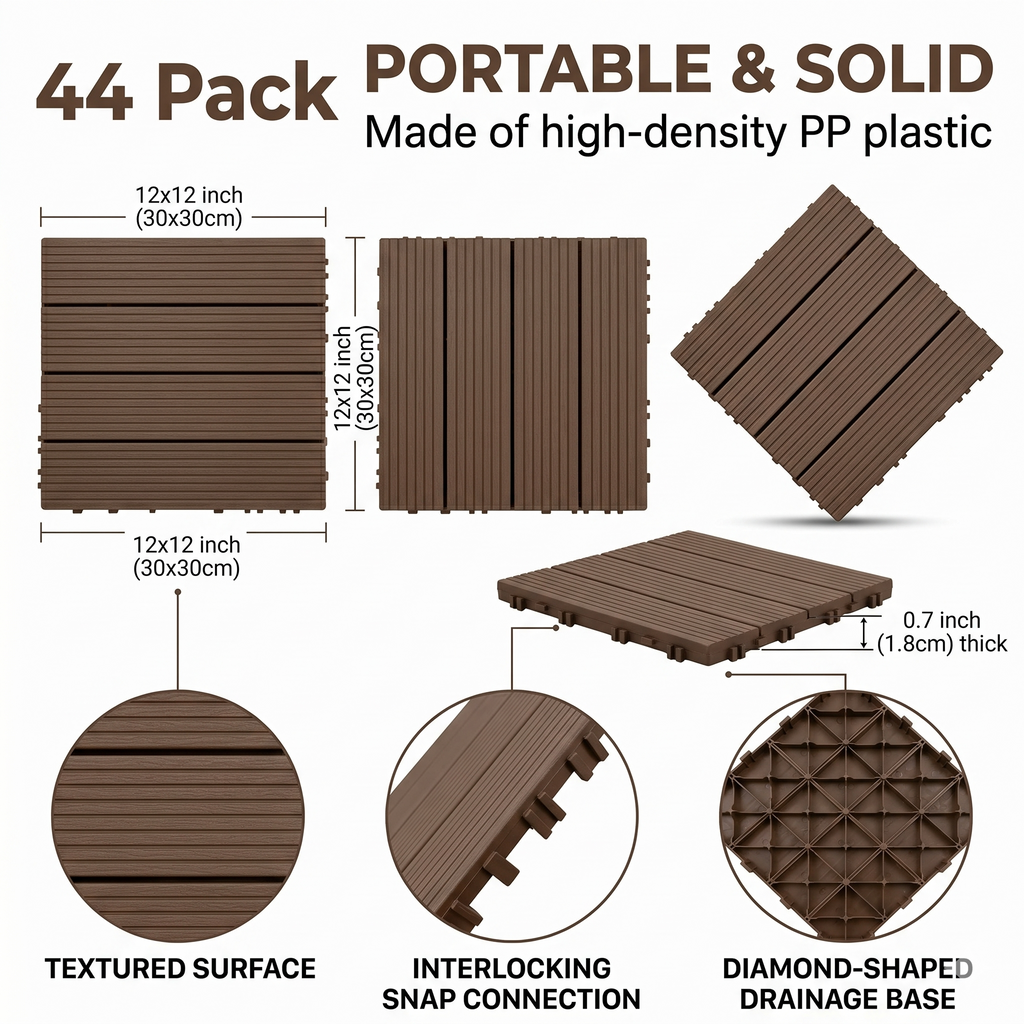 Plastic Interlocking Deck Tiles with Waterproof & Non-Slip Surface - 44 Pack