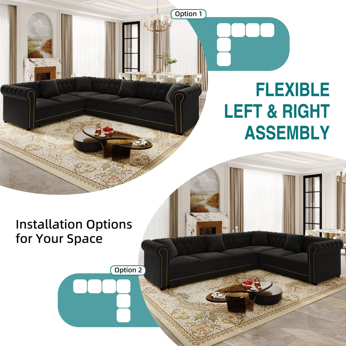 L-Shaped Sofa Couch with Pull-Out Bed - Black Velvet