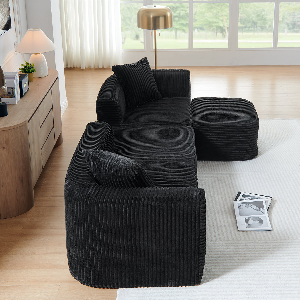 114" Cloud Sectional Couch with L-Shape Chaise – Corduroy Modular Sofa - Black or Grey