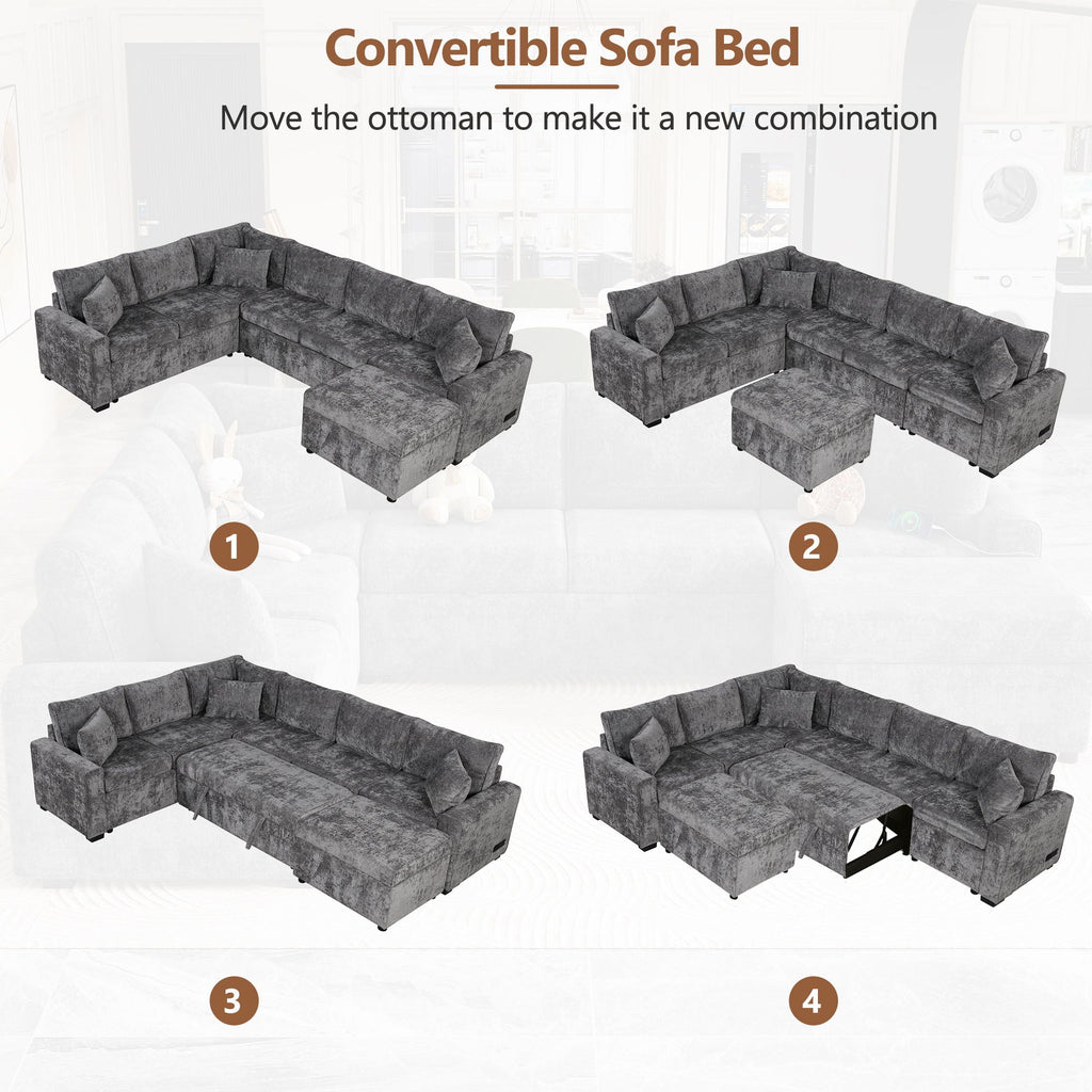 Sleeper Sectional Sofa with Storage Ottoman and USB Charging - White or Dark Gray