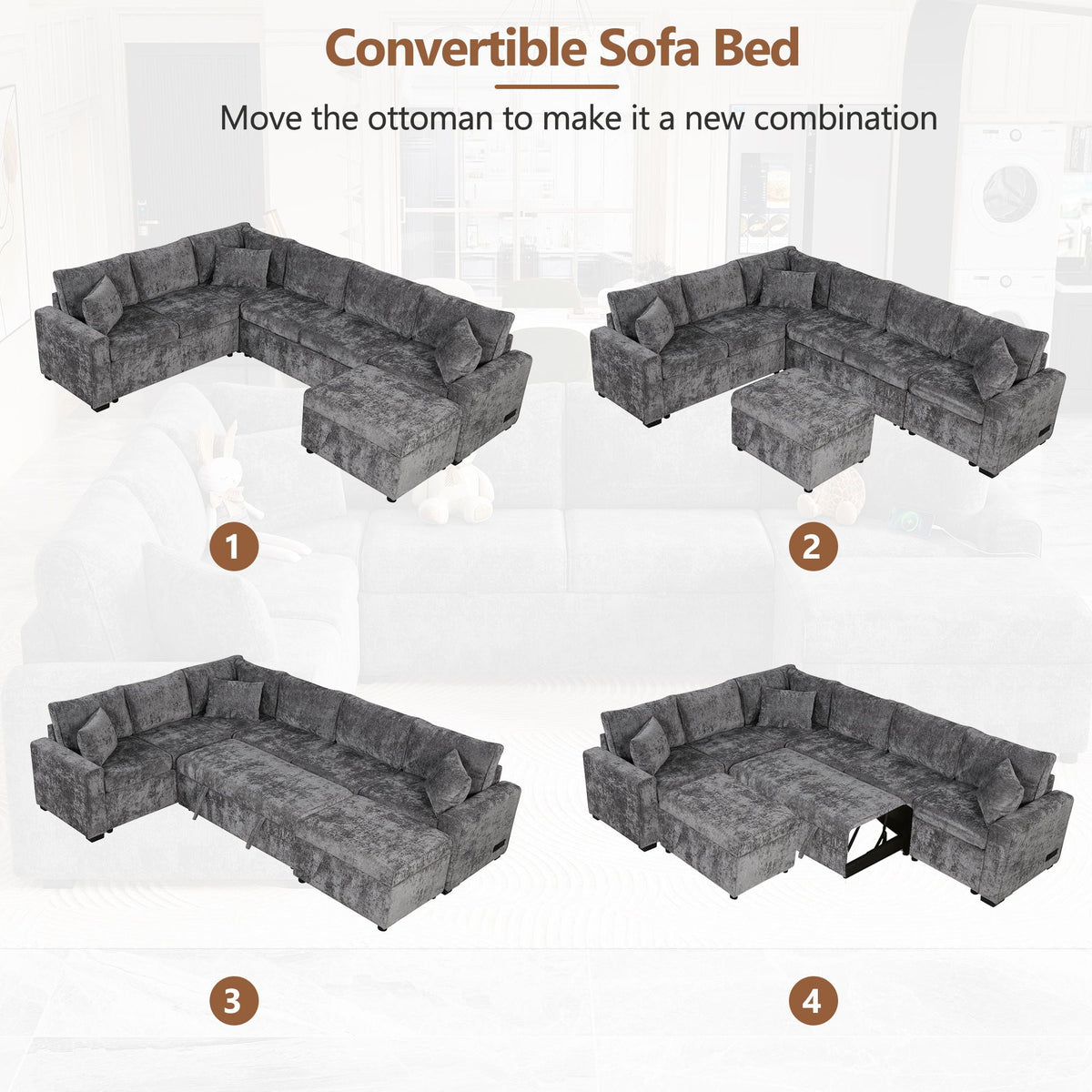 Sleeper Sectional Sofa with Storage Ottoman and USB Charging - White or Dark Gray