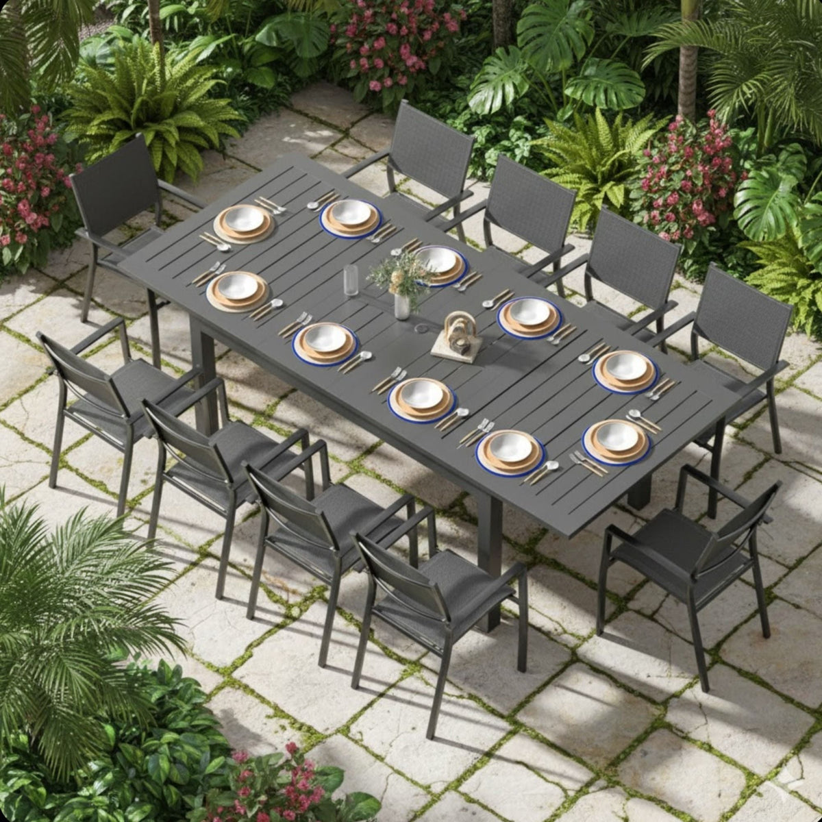 Extendable Outdoor Dining Table with Slatted Top - Gray