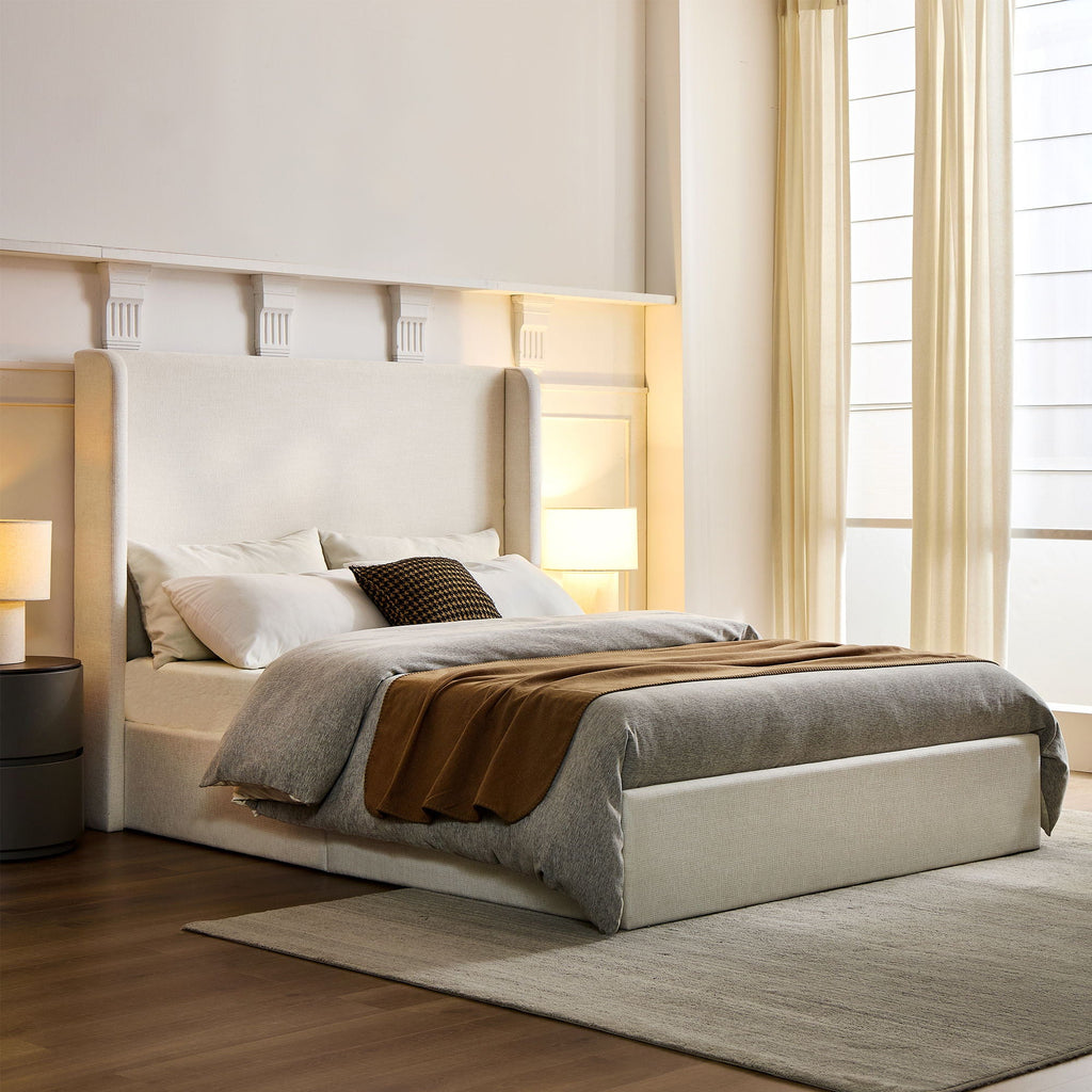 Minimalist Upholstered Wingback Bed Frame with High Headboard - Beige