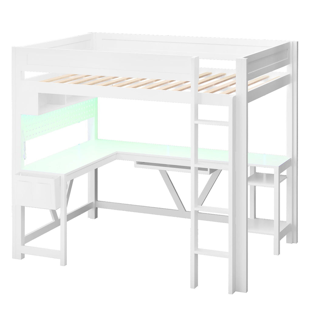 Gaming Loft Bed With Desk, Storage Shelves, LED and Charging Station - Full