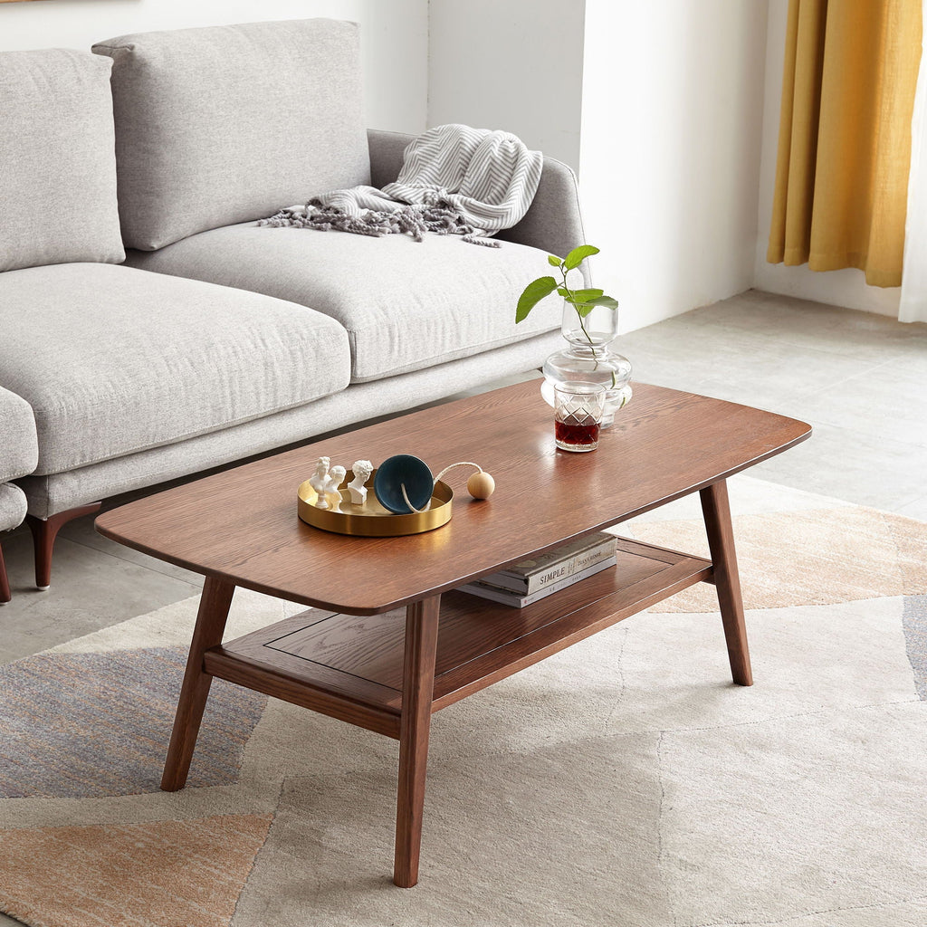 Low Coffee Table with Storage Shelf - Solid Oak - Light or Dark Brown