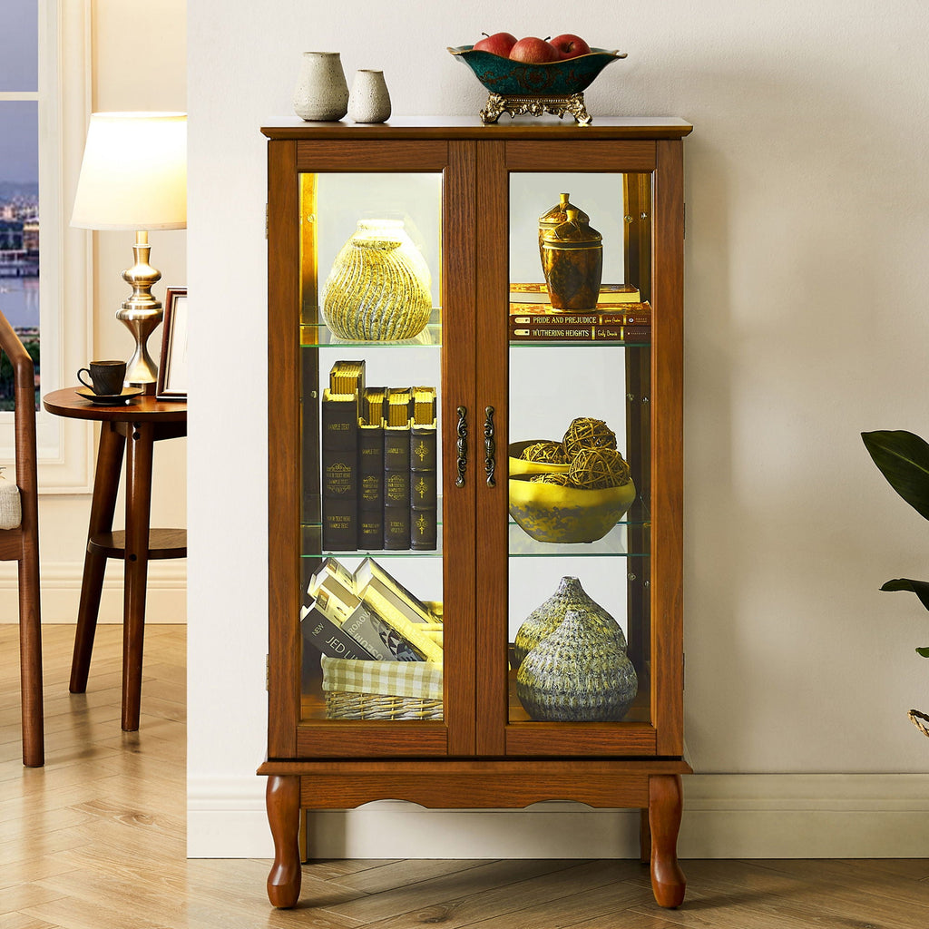 Lighted Curio Display Cabinet with Adjustable Shelves - Light Brown, Dark Brown, Dark Red