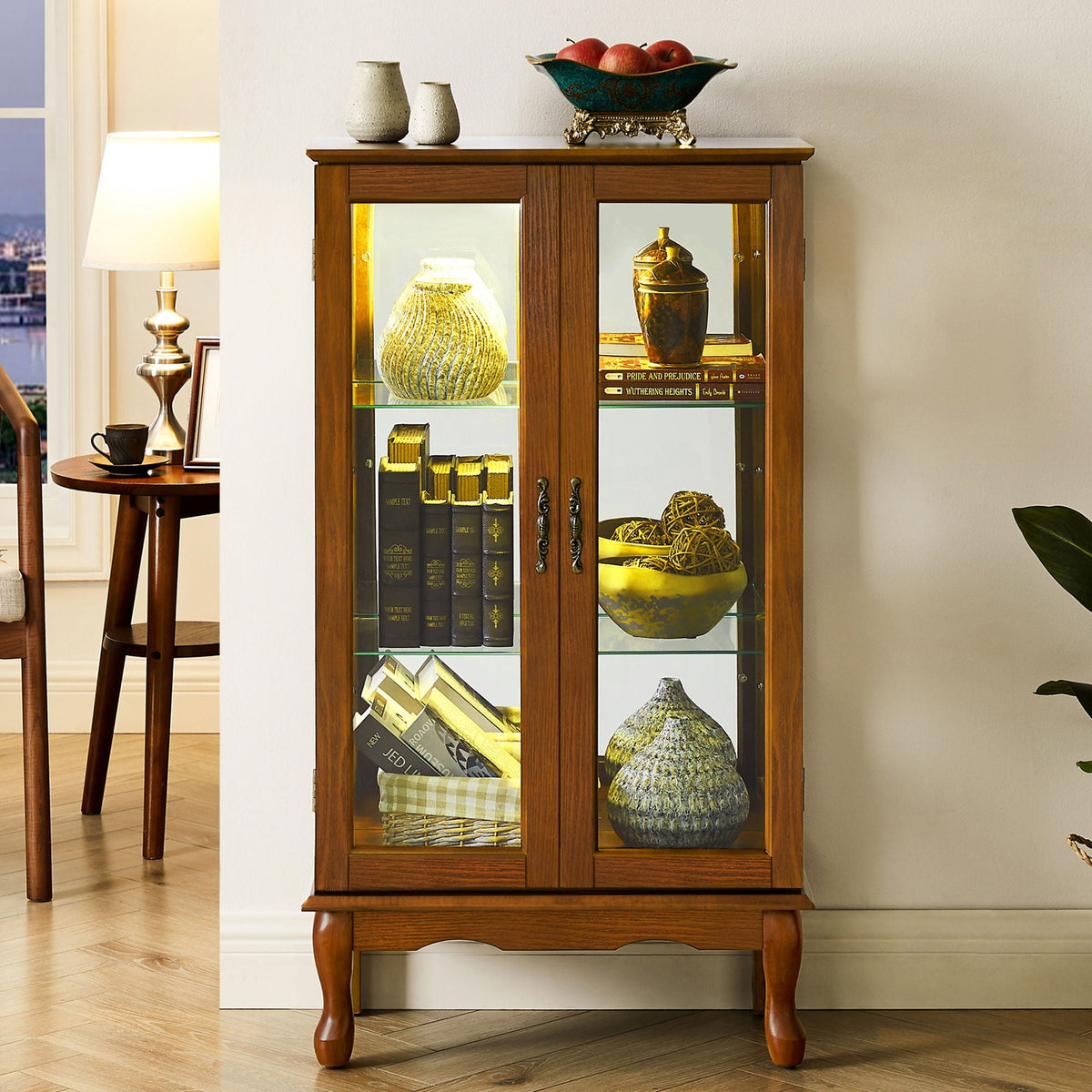 Lighted Curio Display Cabinet with Adjustable Shelves - Light Brown, Dark Brown, Dark Red