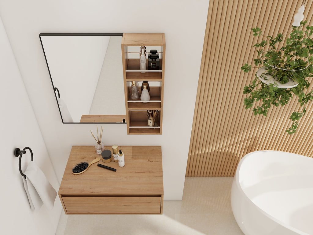 10'' Wall Mounted Bathroom Mirror Cabinet with Open Storage - Imitative Oak