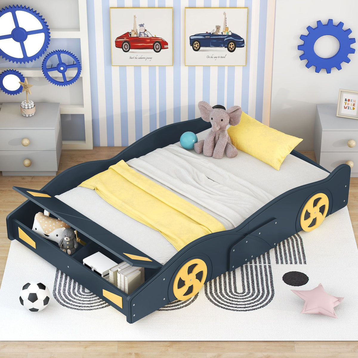Race Car Platform Bed with Storage and Wheels - Black or Blue
