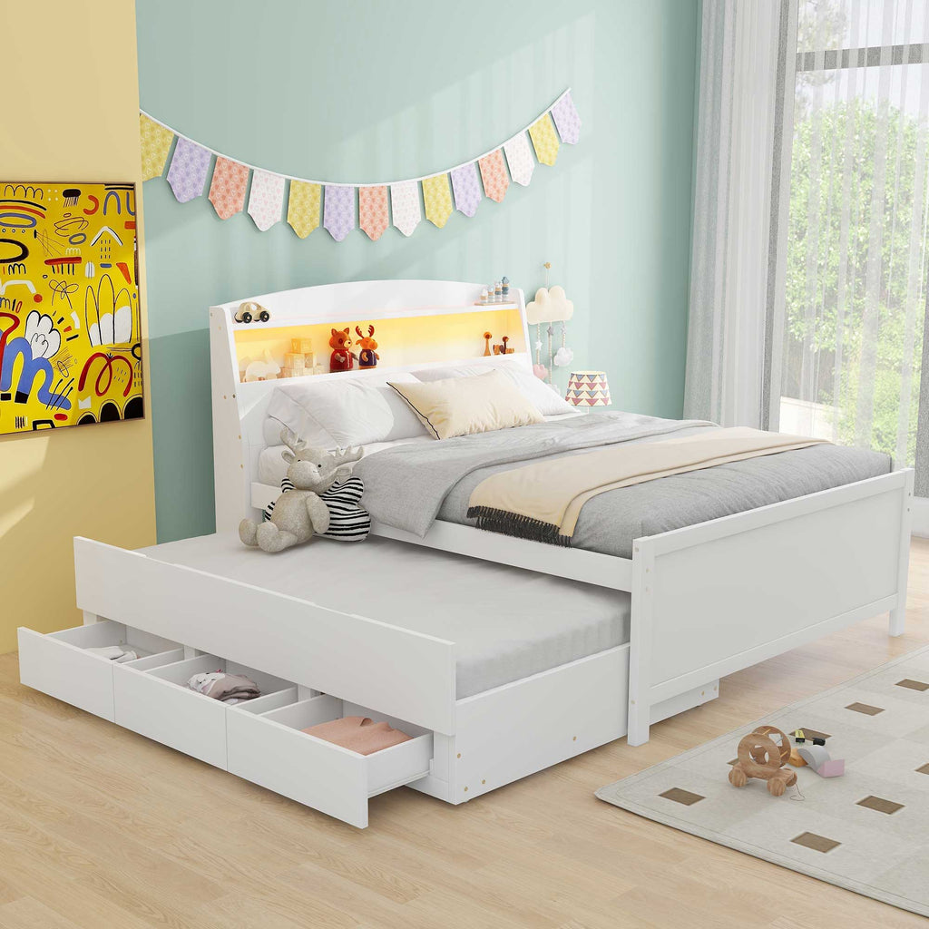 Full Size Platform Bed with Storage LED Headboard and Twin Trundle - White