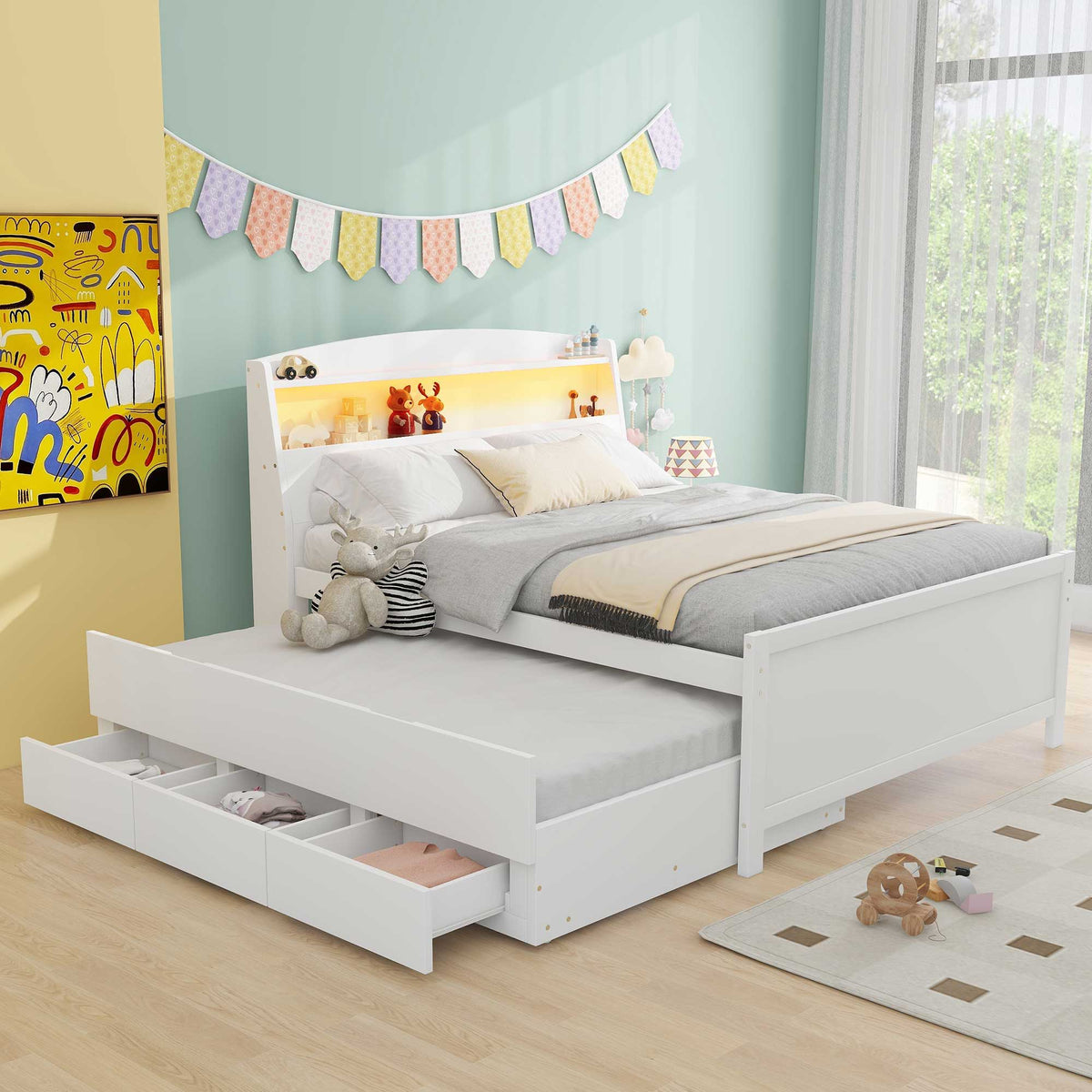 Full Size Platform Bed with Storage LED Headboard and Twin Trundle - White