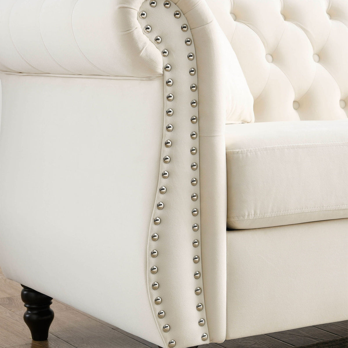 Chesterfield Sofa with Rolled Arms and Nailhead Trim – Solid Wood Frame