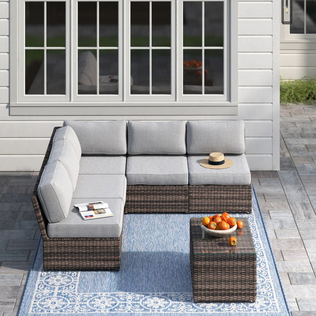 Modern Patio Rattan Sectional Set with Cushions - Multiple Colors