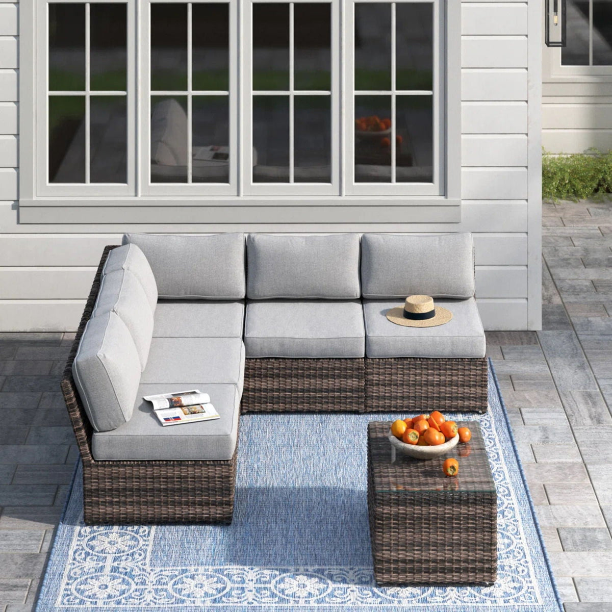 Modern Patio Rattan Sectional Set with Cushions - Multiple Colors