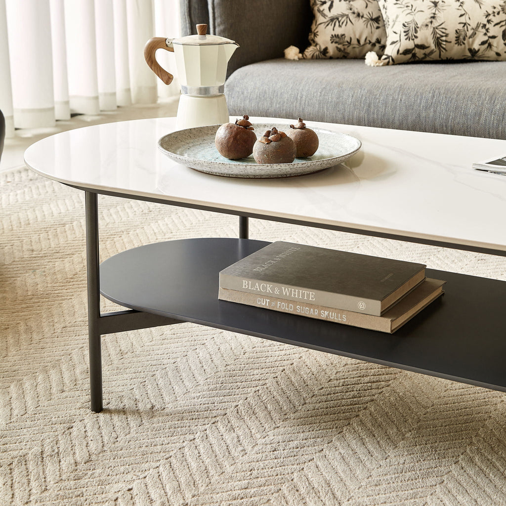 Contemporary Coffee Table with Sintered Stone Surface and Double Layer - White / Gray