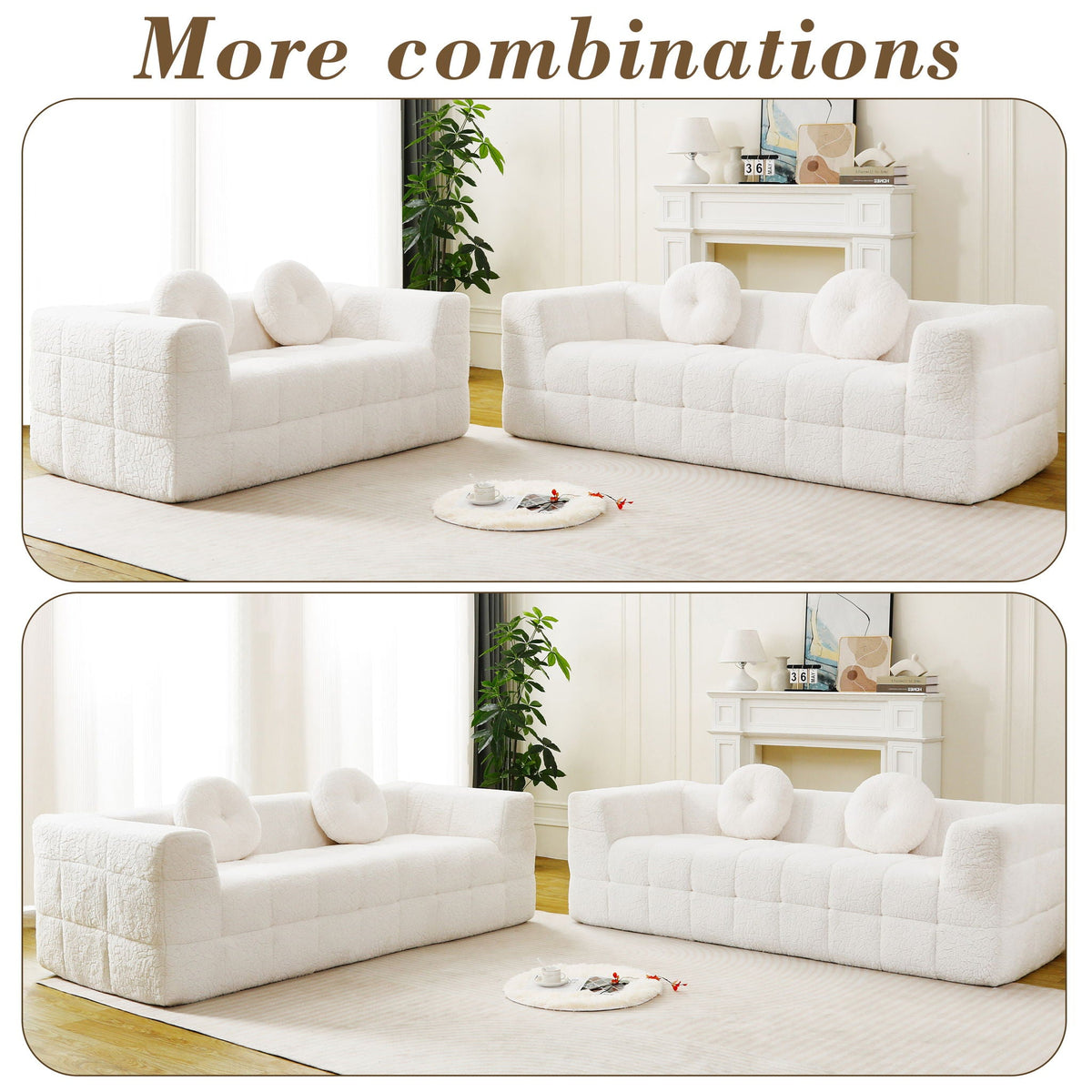 Beige 3 Seater Sofa with Circular Throw Pillows - Lychee-Textured Polyester