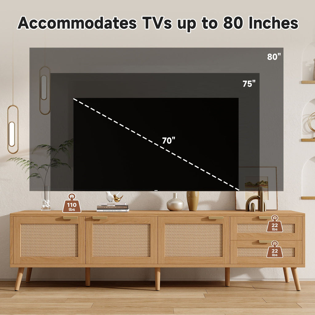 Natural Wood TV Stand with Cable Management and Drawers