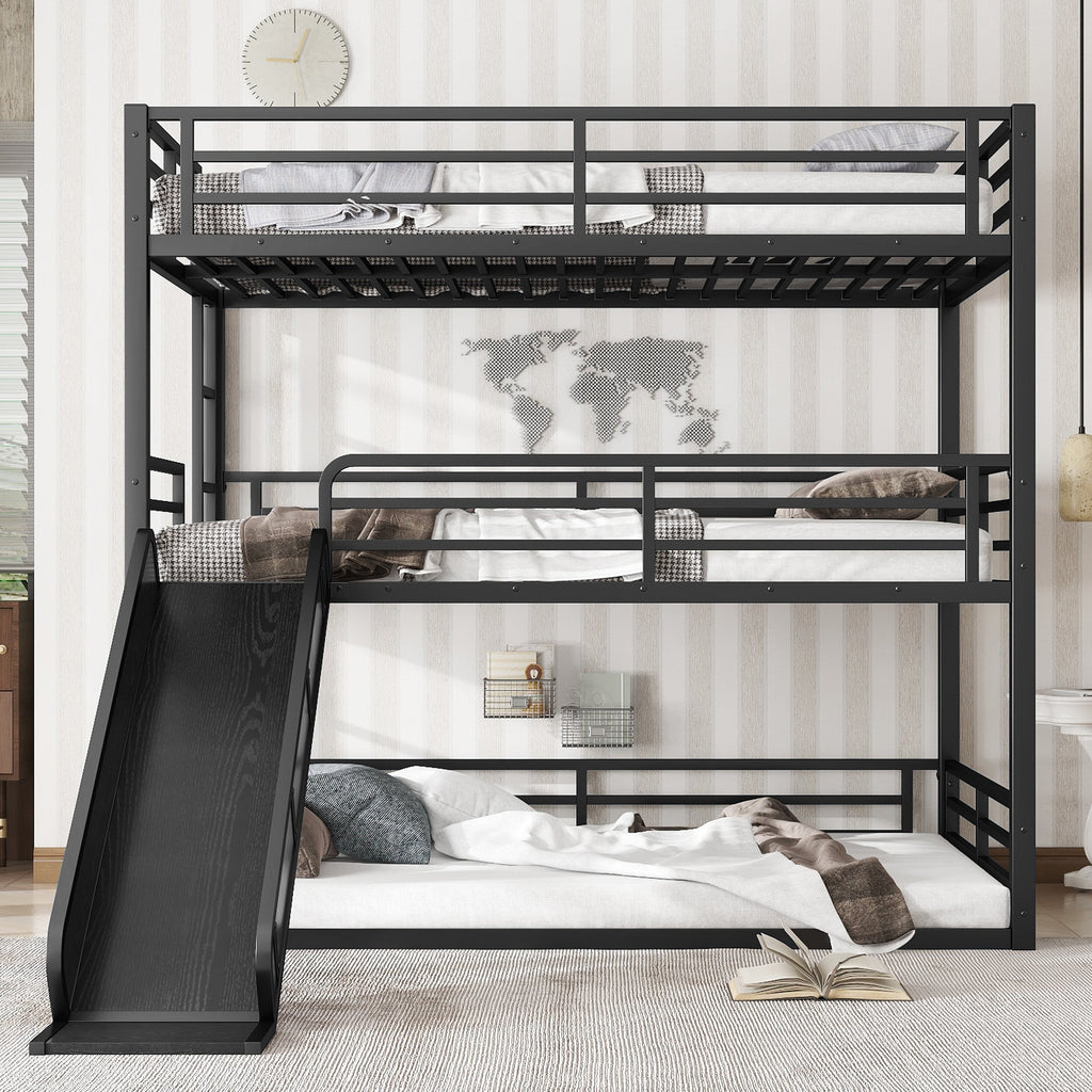 Full Over Full Over Full Bunk Bed with Slide and Guardrails - Metal