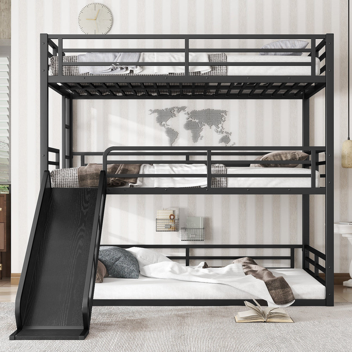 Full Over Full Over Full Bunk Bed with Slide and Guardrails - Metal