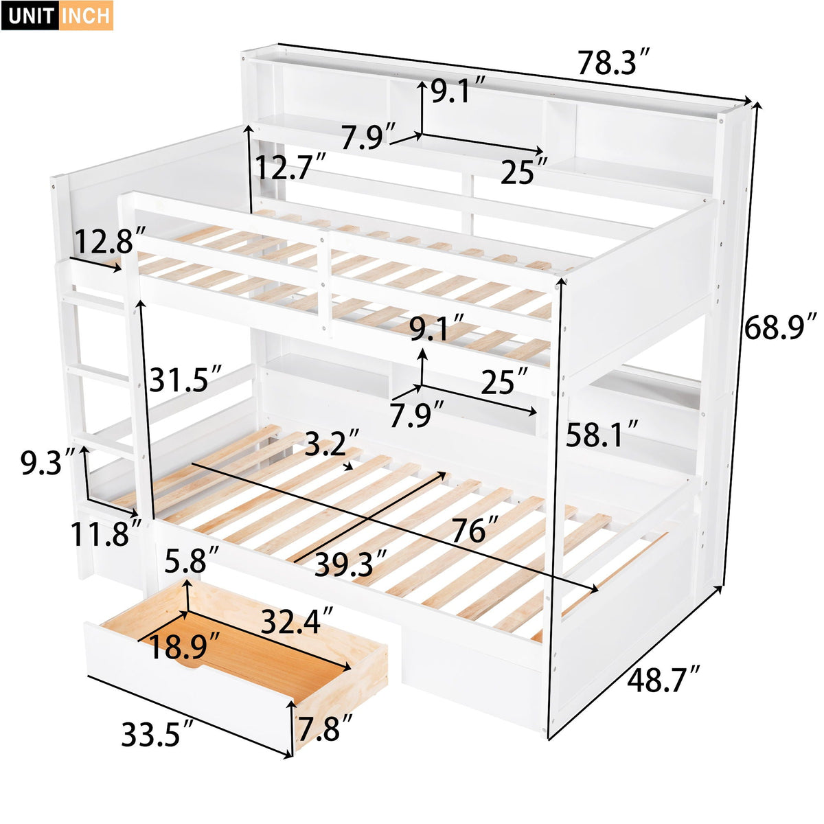 Twin Size Bunk Bed with Built-In Shelves and Storage Drawer - Dark Gray or White