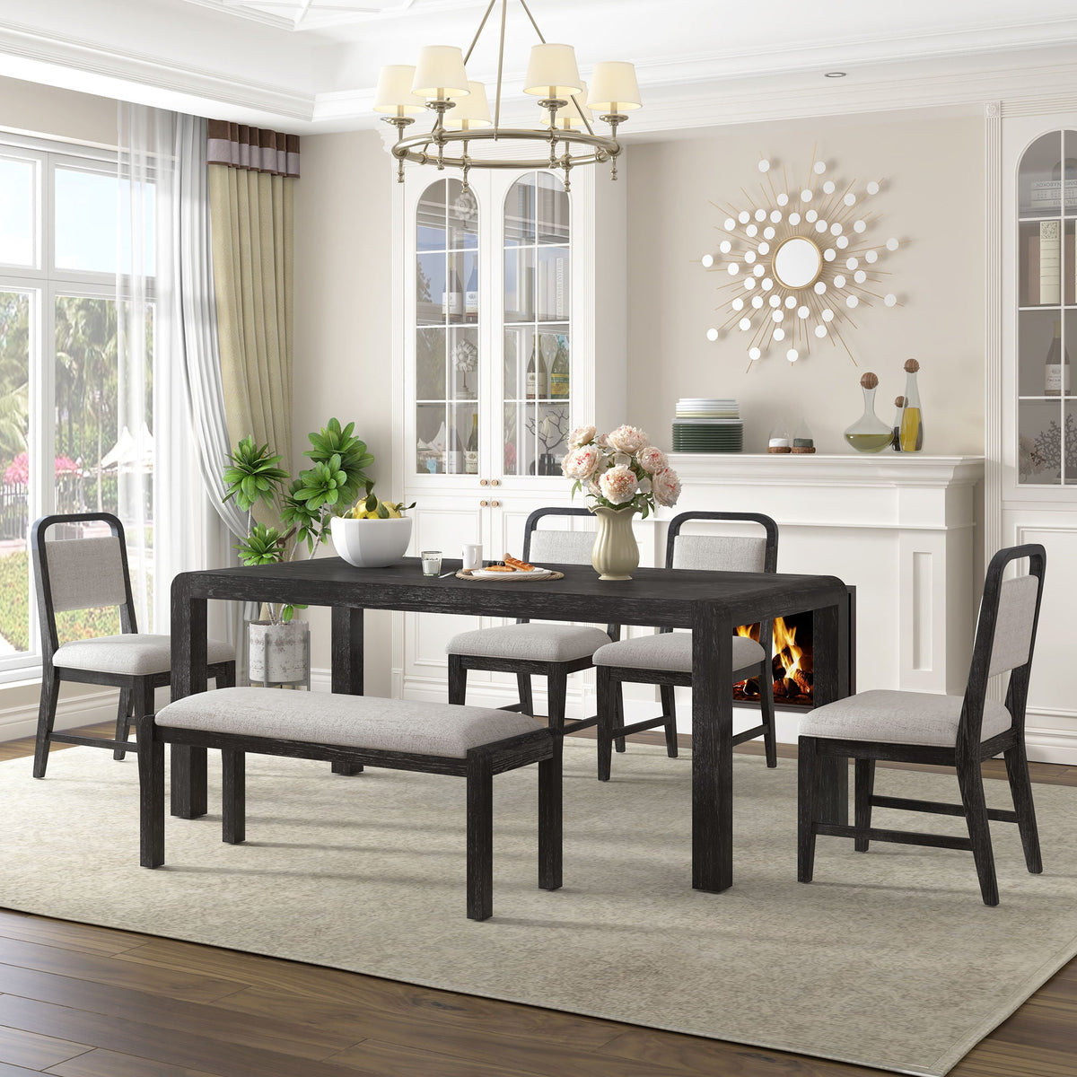 Extendable Dining Table Set with 4 Upholstered Chairs and 1 Bench