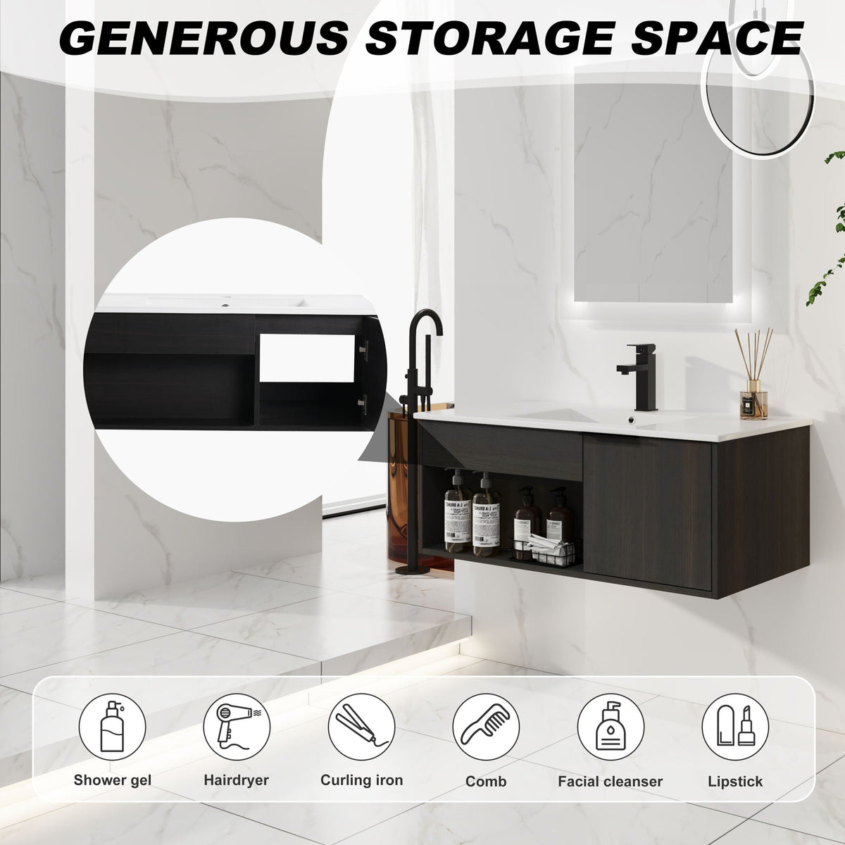 Wall Mounted Floating Bathroom Vanity with Open Shelf & Soft Close Door - Dark Brown