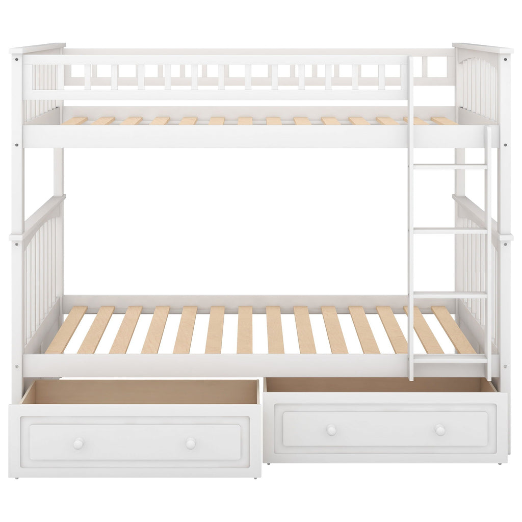 Twin Over Twin Bunk Bed with Drawers - Convertible, Solid Pine Wood - White or Dark Gray