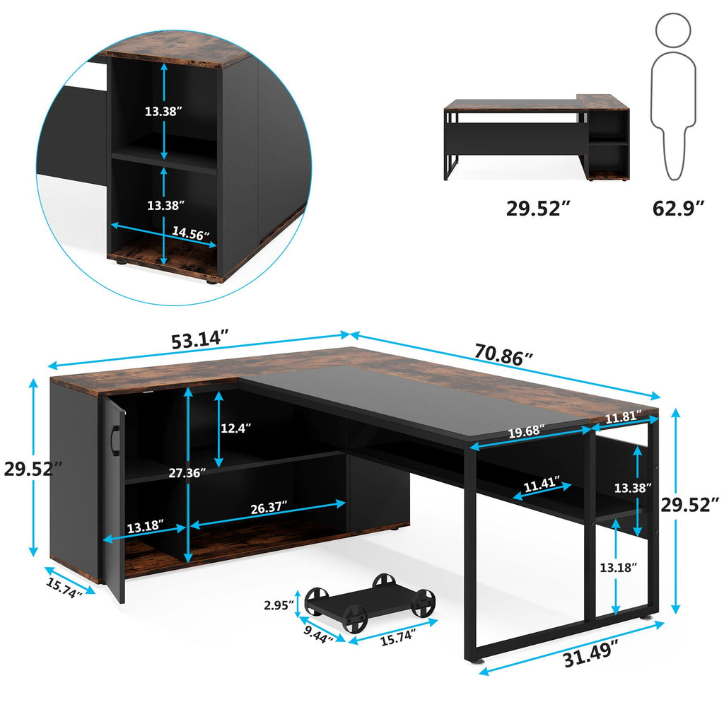 L-Shaped Executive Desk with Storage Cabinet & Shelves - Brown / Black