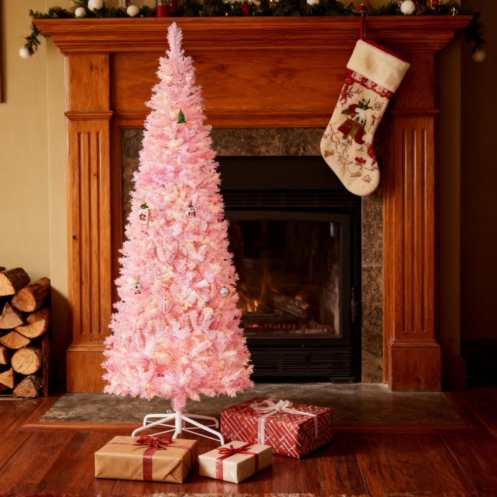 Snow Flocked Pencil Shape Artificial Christmas Tree with Warm LED Lights - White