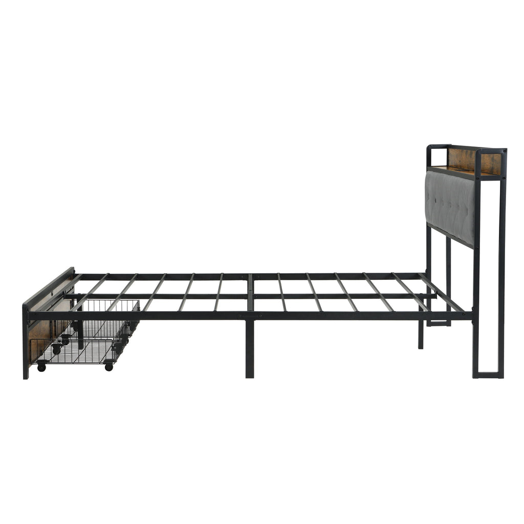 Modern Bed Frame with LED Lights and USB Charging - Light or Dark Brown