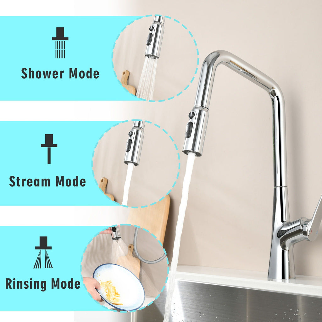 Professional Kitchen Faucet with 3-Function 360 Sprayer - Black or Pearl Silver