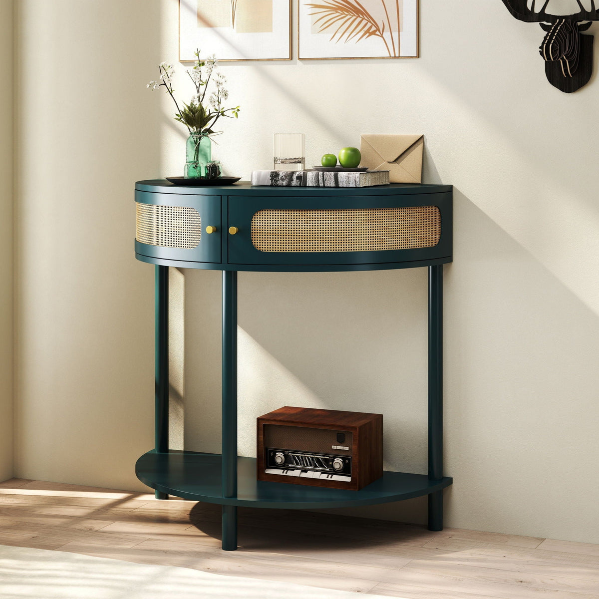 Boho Rattan Semi Circle End Table with Sliding Door and Storage - Black or Dark Green