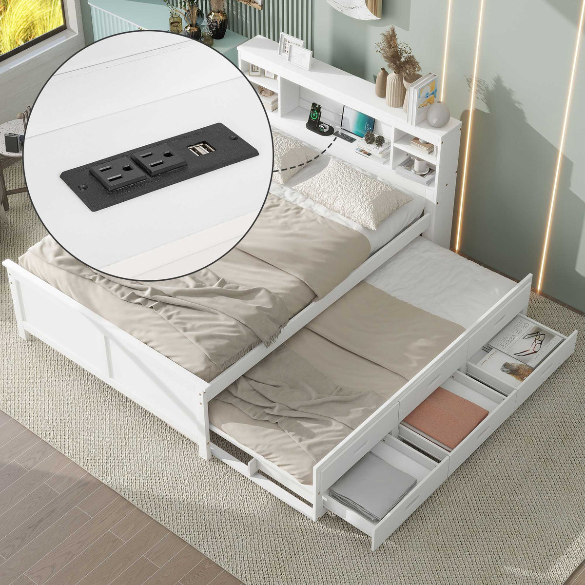Platform Bed with Storage Headboard, USB, Trundle & 3 Drawers - Twin or Full