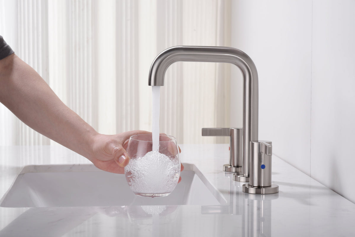 Brushed Nickel Bathroom Faucet with Two Handles & Pop Up Drain - Supply Lines Included