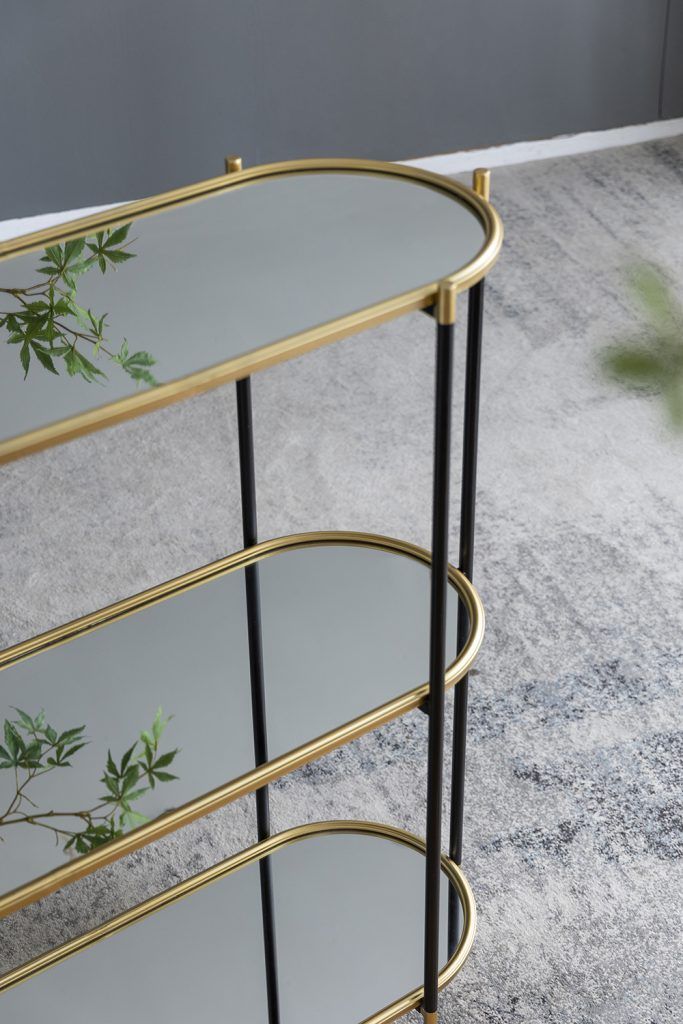 3 Tier Metal Console Table with Mirrored Shelves - Golden Black