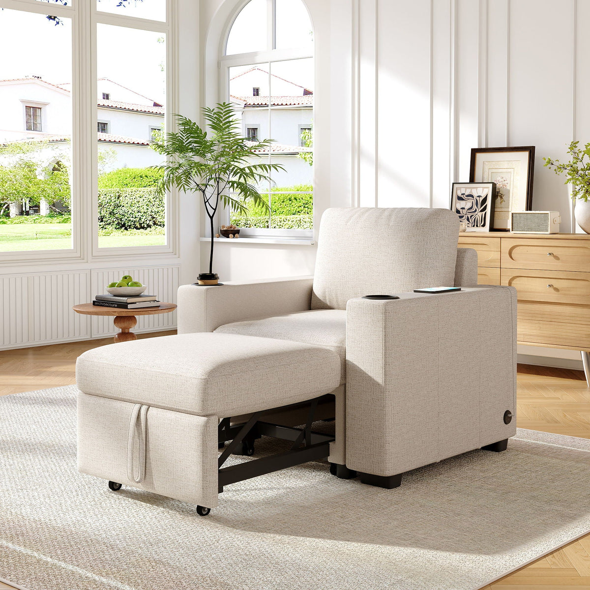 Single Pull Out Sofa Bed with USB Ports and Cup Holders - Dark Gray or Beige