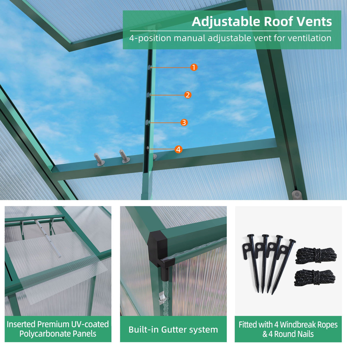 Polycarbonate Walk-In Greenhouse with Raised Base - Green