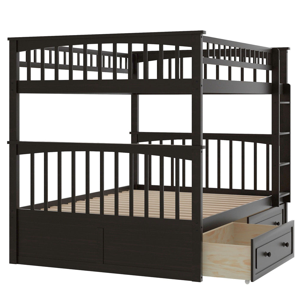 Convertible Bunk Bed With Drawers - Solid Wood with Storage - White, Dark Brown or Dark Gray
