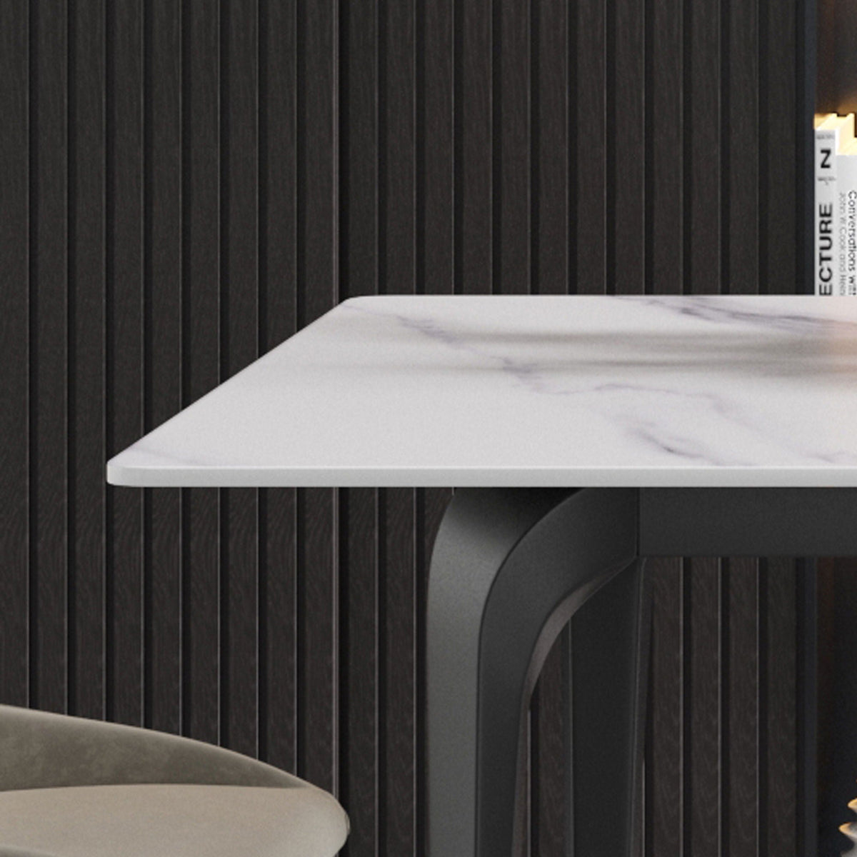 Modern Artificial Stone Dining Table with Black Metal Legs - White