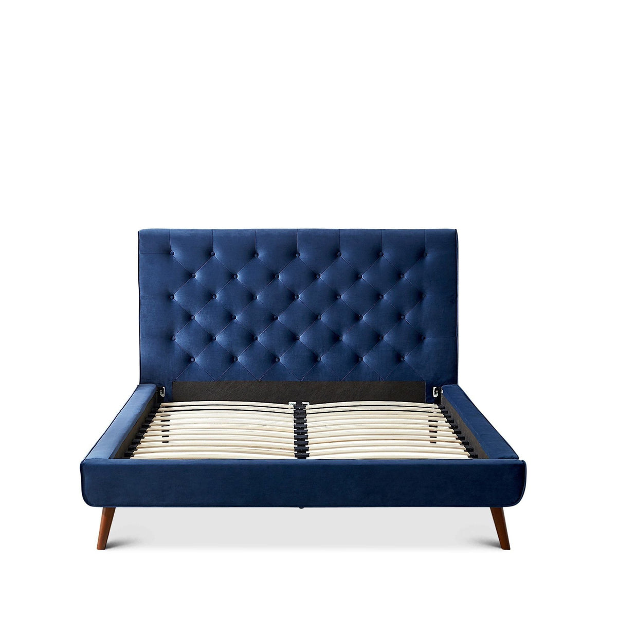 Mid-Century Platform Bed with Tufted Headboard - Blue