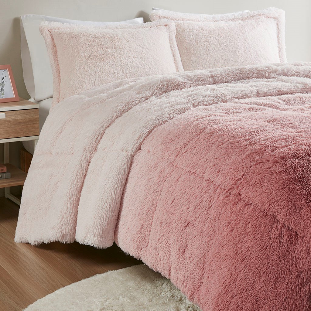 Ombre Shaggy Long Fur Twin/Twin XL Comforter Mini Set with Hypoallergenic Filling - Blush or Grey