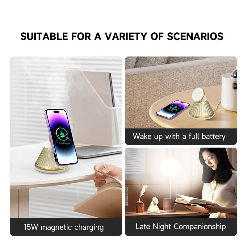 Conical adjustable magnetic wireless charger with night light suitable for iPhone 15W wireless charging bracket