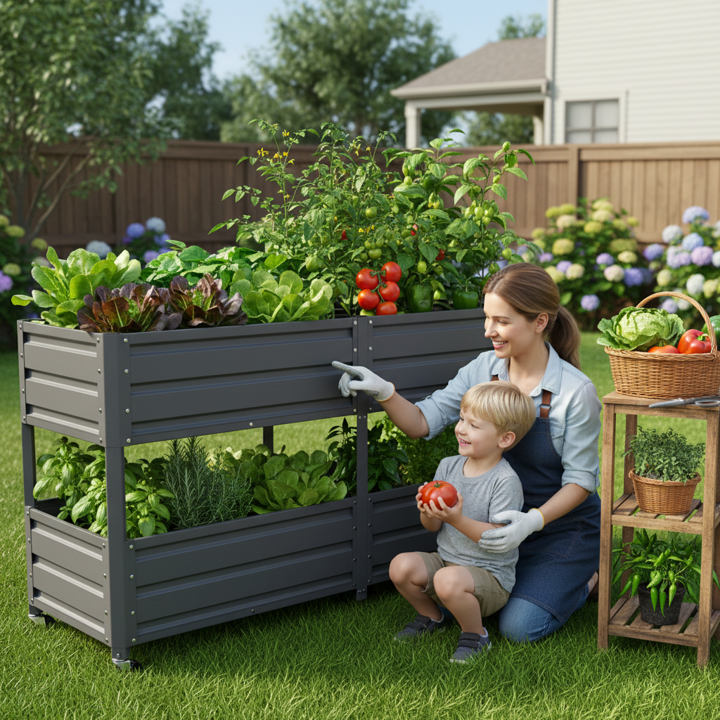 Dual Tier Metal Raised Garden Bed with Lockable Wheels - Grey or Green