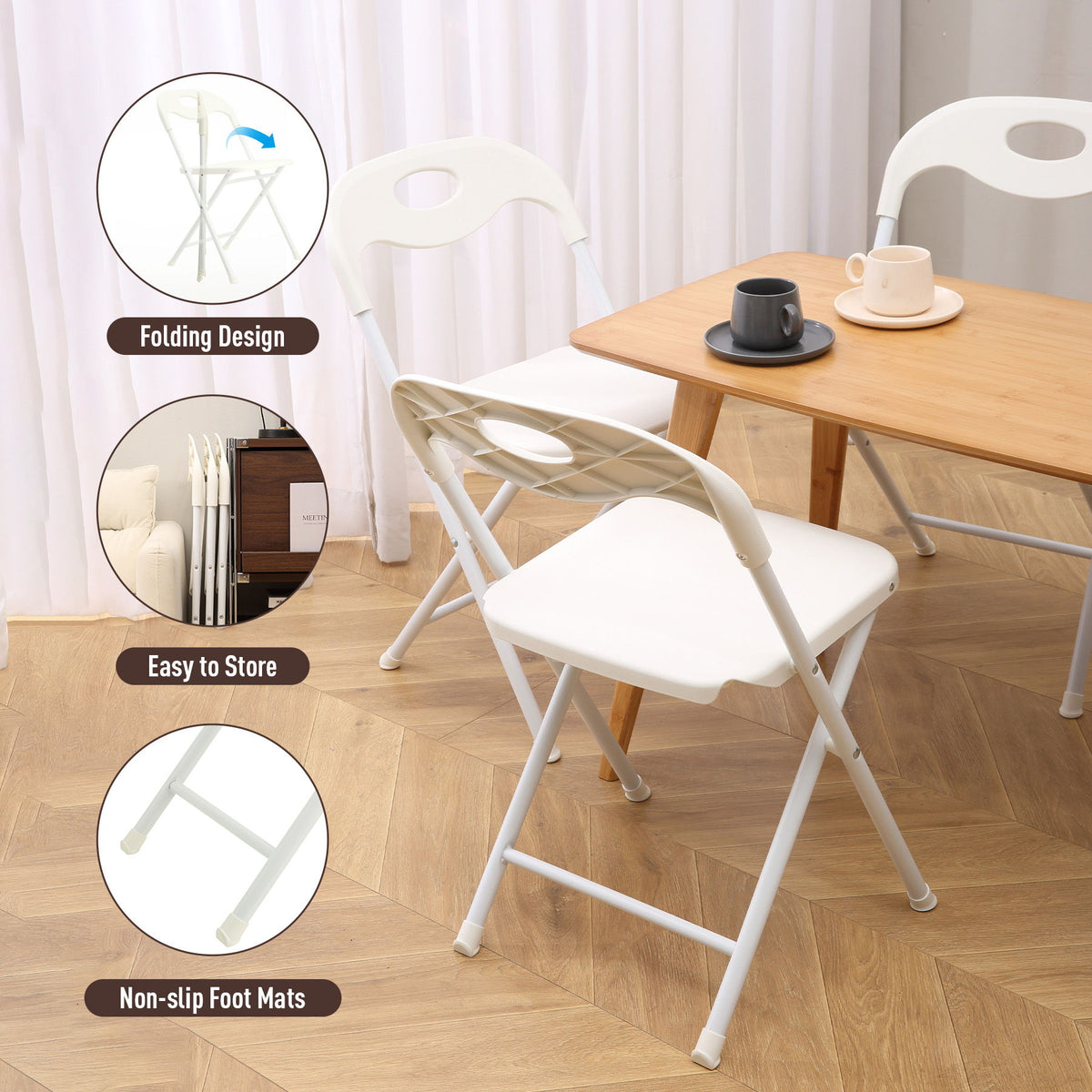 White Folding Chair Set with Waterproof Finish and Stackable Design - Set of 4