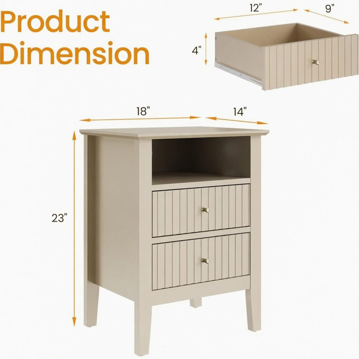 Fluted Nightstand with 2 Drawers and Soft-Close Slides - Multiple Colors