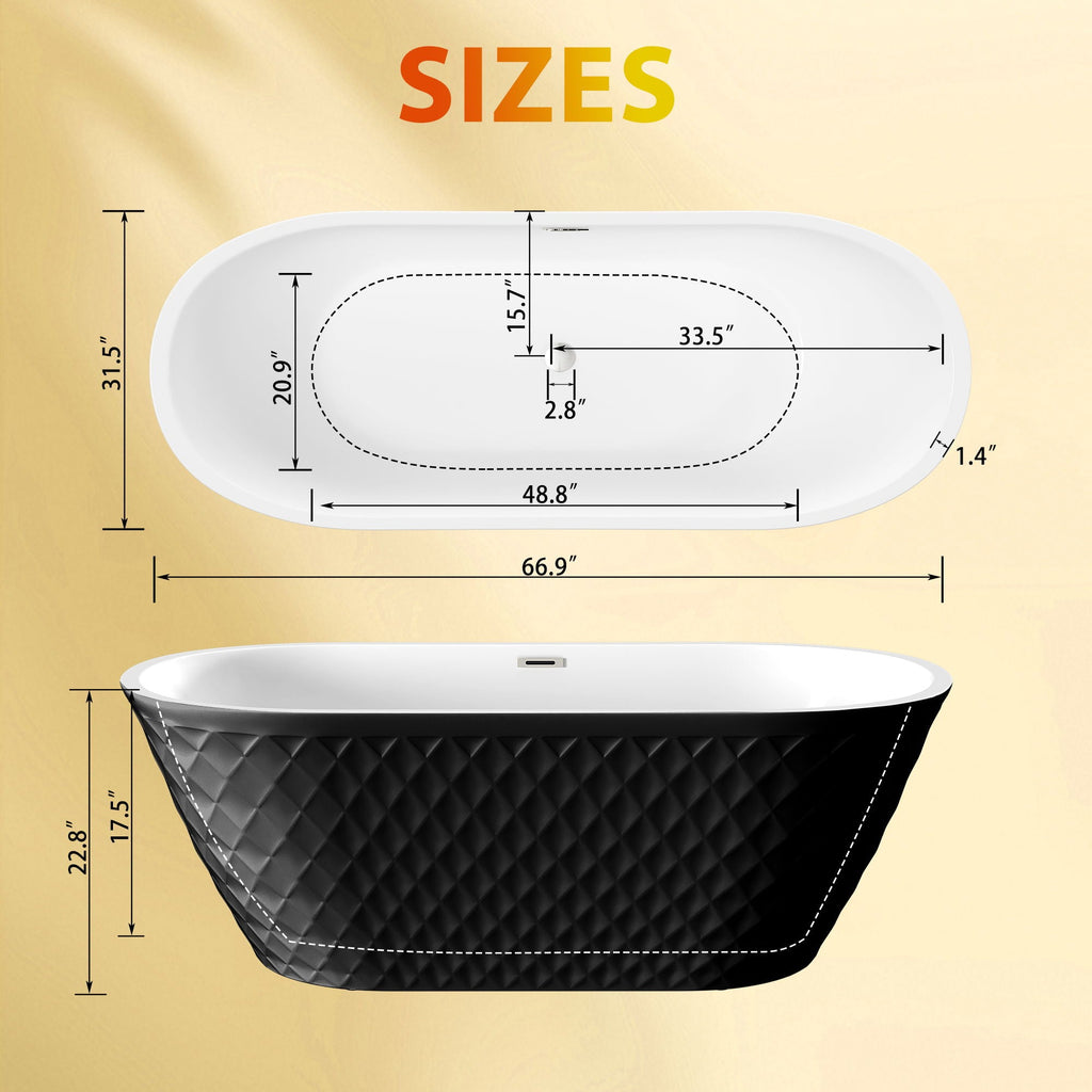Freestanding Bathtub with Diamond Pattern Design - White or Black