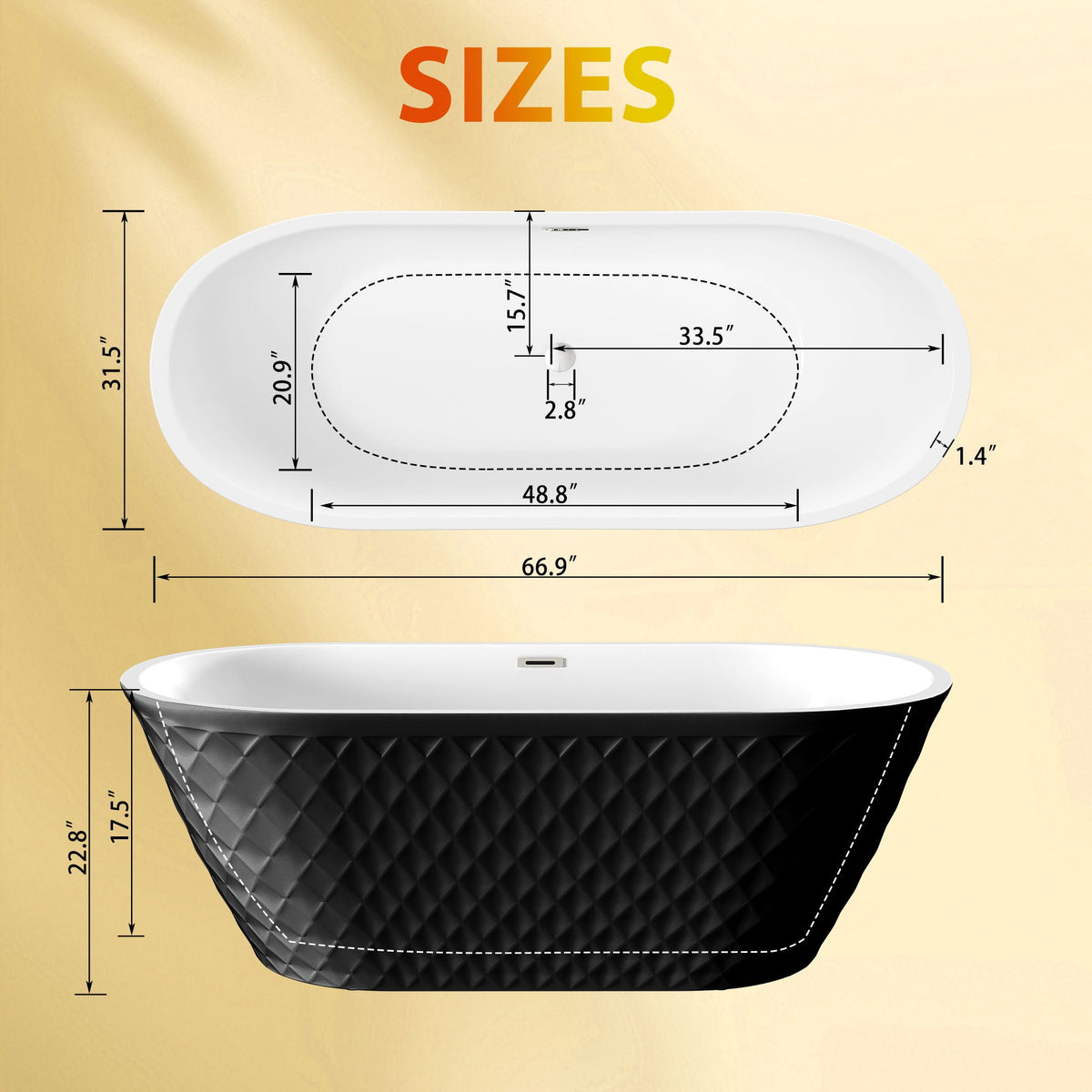 Freestanding Bathtub with Diamond Pattern Design - White or Black