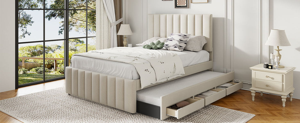 Upholstered Platform Bed with Twin Size Trundle and 3 Drawers - Beige, Full