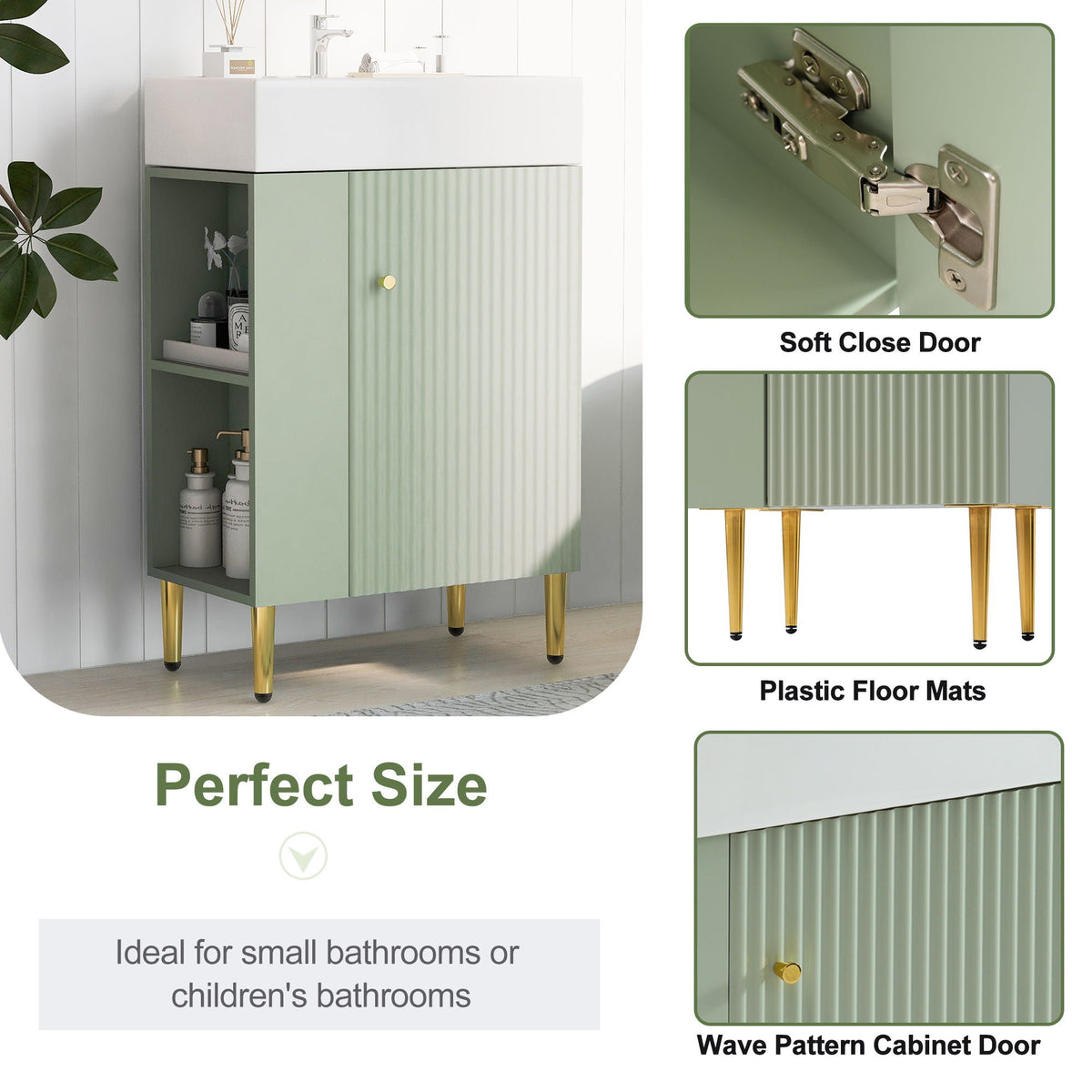 Bathroom Vanity with Single Ceramic Sink and Side Storage - Multiple Colors